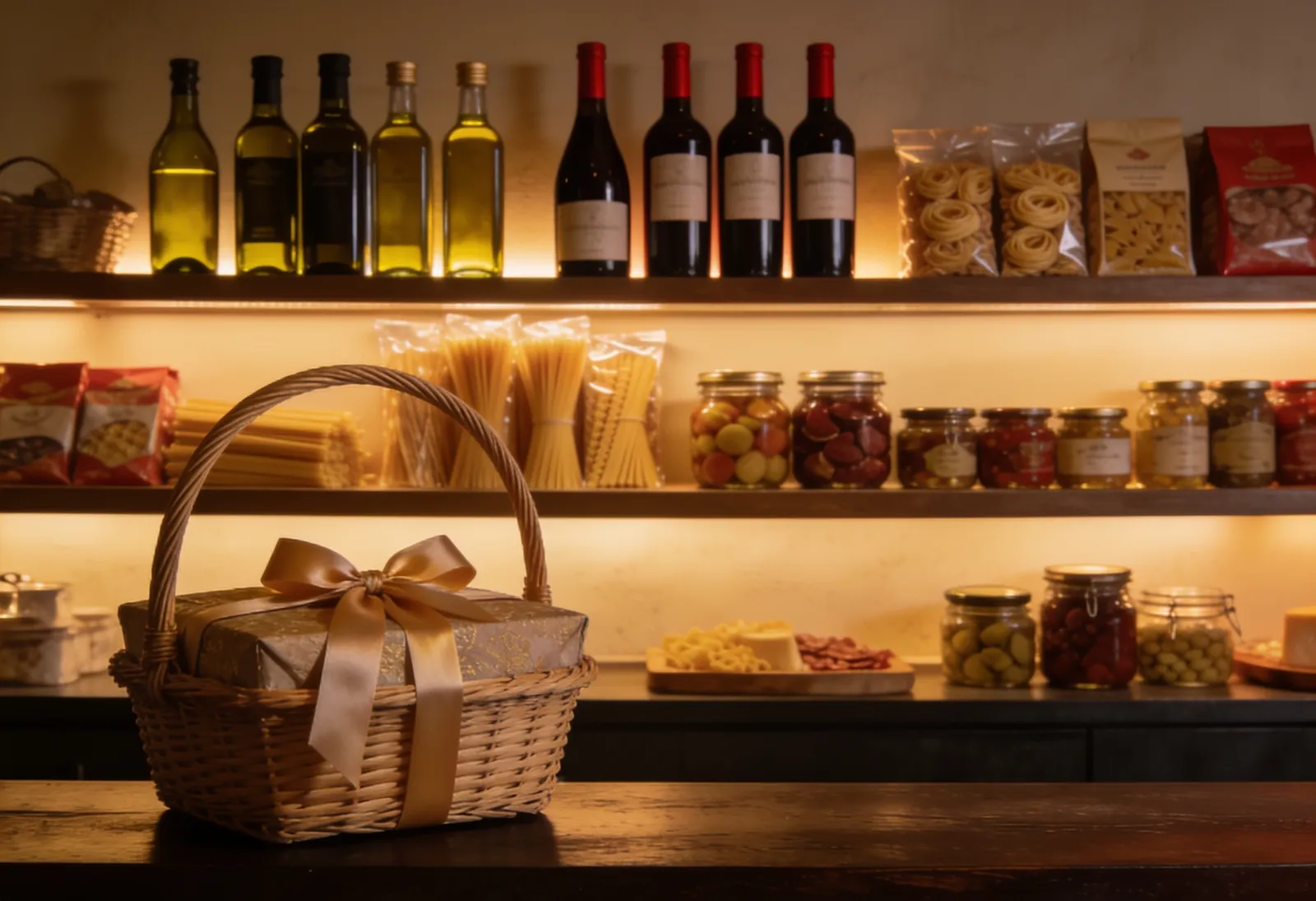 Bottega Regal mit Feinkost, Wein und Geschenkkorb